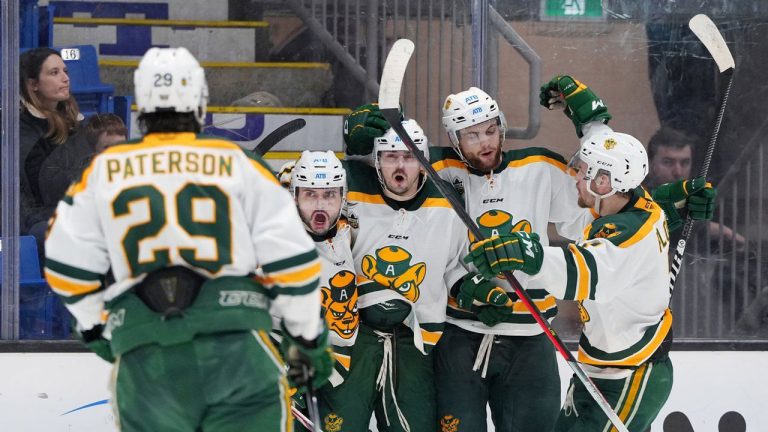 Members of the University of Alberta Golden Bears celebrate a goal during the third period of USports University Cup men's hockey championship semifinal action against the University of Prince Edward Island Panthers. (Darren Calabrese/CP)