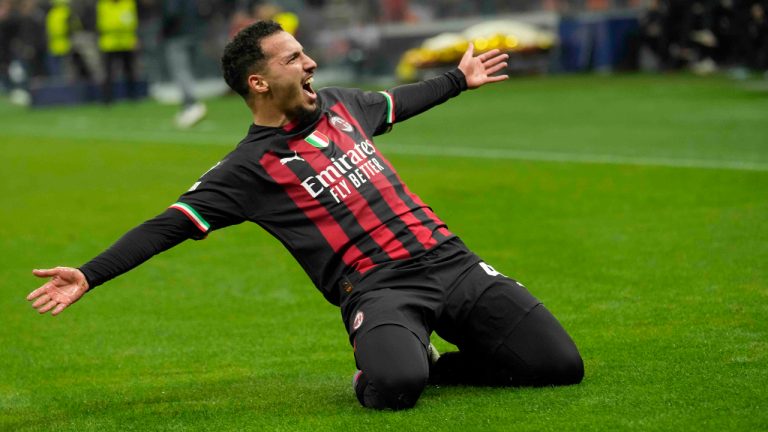 AC Milan's Ismael Bennacer celebrates after scoring his side's opening goal during the Champions League quarterfinal, first leg, soccer match between AC Milan and Napoli, at the San Siro stadium in Milan , Italy, Wednesday, April 12, 2023. (Luca Bruno/AP)