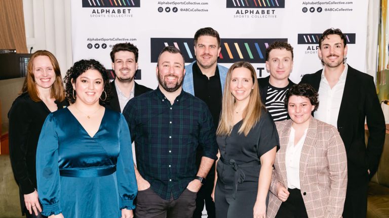 Members of the Alphabet Sports Collective board at the organization's public launch. Back row (from left to right): Amanda Schweinbenz, Bryan Mills, Bayne Pettinger, Brock McGillis, Kurtis Gabriel. Front row (from left to right): Gabriela Ugarte, Bradley Sutherland, Alison Spitzer, Allie Cotter. (Photo courtesy Alphabet Sports Collective)
