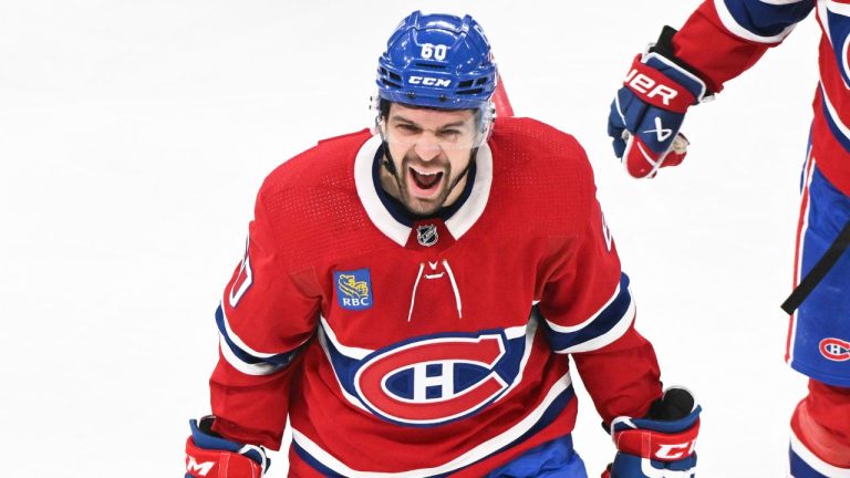 Montreal Canadiens' Alex Belzile reacts after scoring against the Edmonton Oilers during first period NHL hockey action in Montreal, Sunday, February 12, 2023. (Graham Hughes/CP Photo)