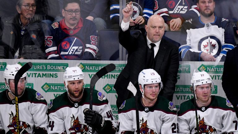 Arizona Coyotes head coach André Tourigny gestures to players against the Winnipeg Jets during third period NHL action in Winnipeg on Sunday January 15, 2023. (Fred Greenslade/CP)