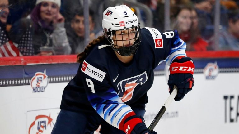FILE -United States' Megan Bozek plays against Canada during the second period of a rivalry series women's hockey game in Hartford, Conn., Saturday, Dec. 14, 2019. Two-time United States women's hockey Olympian Megan Bozek announced her retirement on Wednesday, April 19, 2023. (Michael Dwyer/AP, File)