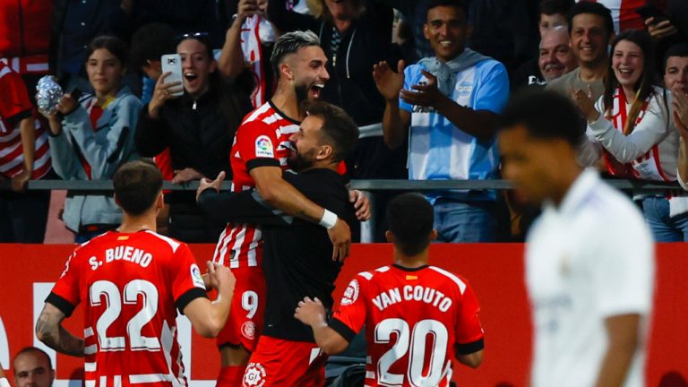 Girona's Taty Castellanos celebrates with teammates after scoring his side's opening goal during a Spanish La Liga soccer match between Girona and Real Madrid, at the Montilivi stadium in Girona, Spain, Tuesday, April 25, 2023. (Joan Monfort/AP)