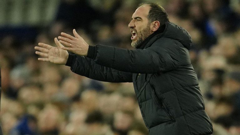 Tottenham's interim head coach Cristian Stellini reacts during the English Premier League soccer match between Everton and Tottenham Hotspur at the Goodison Park stadium in Liverpool. (Jon Super/AP)