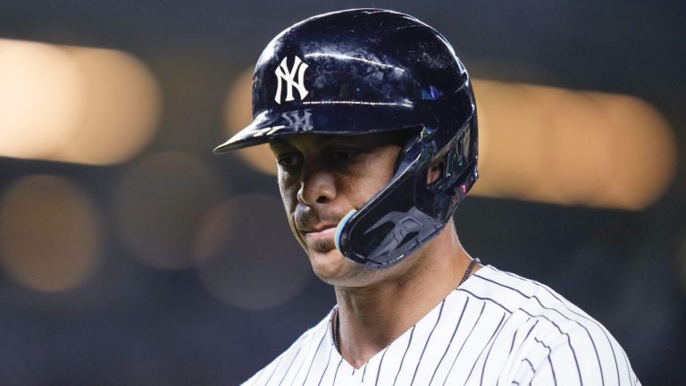 New York Yankees' Giancarlo Stanton reacts after flying out during the fourth inning of the team's baseball game against the Philadelphia Phillies on Tuesday, April 4, 2023, in New York. (Frank Franklin II/AP)