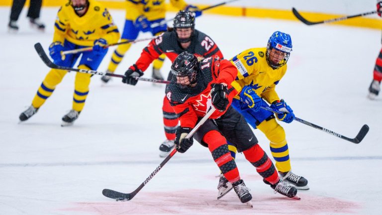 Renata Fast of Canada, left, and Hanna Olsson of Sweden in action during the IIHF World Championship Woman's ice hockey match between Canada and Sweden in Herning, Denmark, Thursday, Sept. 1, 2022. (Bo Amstrup/Ritzau Scanpix via AP)