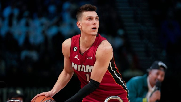 Tyler Herro of the Miami Heat shoots during during the three-point contest of the NBA basketball All-Star weekend Saturday, Feb. 18, 2023, in Salt Lake City. (Rick Bowmer/AP Photo)