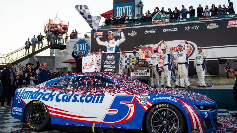 Kyle Larson (5) celebrates in Victory Lane after winning a NASCAR Cup Series auto race at Richmond Raceway, Sunday, April 2, 2023, in Richmond, Va. (Mike Caudill/AP)