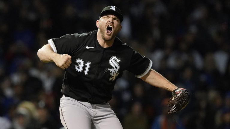 Chicago White Sox relief pitcher Liam Hendriks reacts after striking out Chicago Cubs' Nico Hoerner to end the baseball game Wednesday, May 4, 2022, in Chicago. (Charles Rex Arbogast/AP)