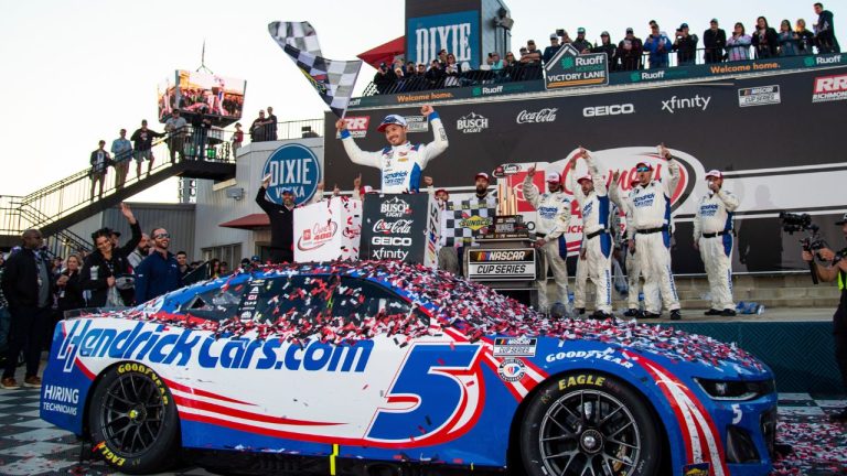 Kyle Larson celebrates in Victory Lane after winning a NASCAR Cup Series auto race at Richmond Raceway, Sunday, April 2, 2023, in Richmond, Va. (Mike Caudill/AP Photo)