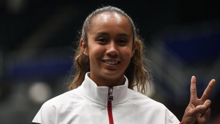 Canada's Leylah Annie Fernandez gestures as she leaves the court after a practice session for the Billie Jean King Cup tennis qualifiers against Belgium, in Vancouver, B.C., Tuesday, April 11, 2023. (Darryl Dyck/CP Photo)