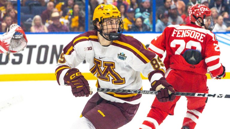 Minnesota forward Matthew Knies skates during a Frozen Four semifinal game against Boston University at Amalie Arena, in Tampa Fla., on Thursday, April 7, 2023. (Paul Barnick/Sportsnet)