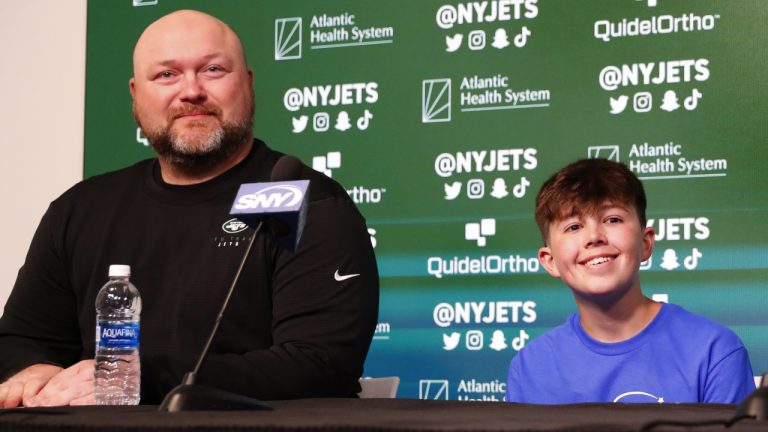 New York Jets general manager Joe Douglas and Make-A-Wish recipient Kyle Stickles answer questions from reporters during an NFL football pre-draft press conference on Tuesday, April 25, 2023, in Florham Park, N.J. (Noah K. Murray/AP)