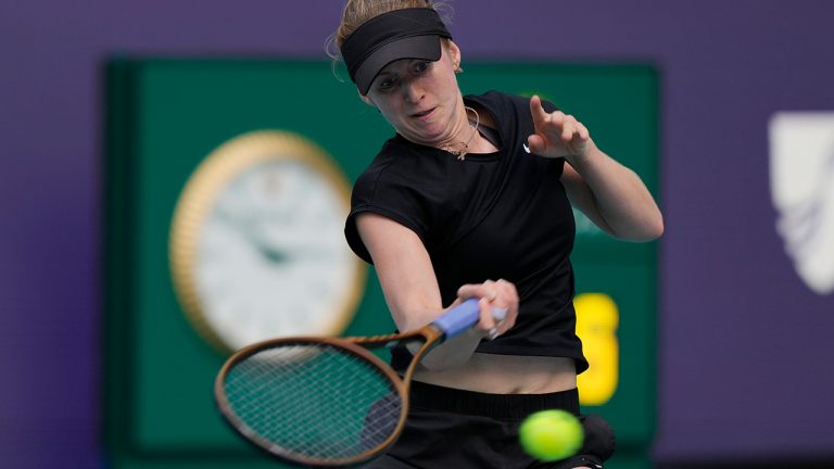 Katherine Sebov of Canada returns to Jessica Pegula during the Miami Open tennis tournament, Thursday, March 23, 2023, in Miami Gardens, Fla. (Marta Lavandier/AP)