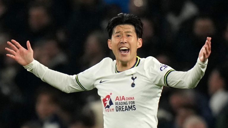 Tottenham's Son Heung-min celebrates after scoring his sides second goal during the English Premier League soccer match between Tottenham Hotspur and Manchester United at White Hart Lane, in London, England, Thursday, April 27, 2023. (Alastair Grant/AP)