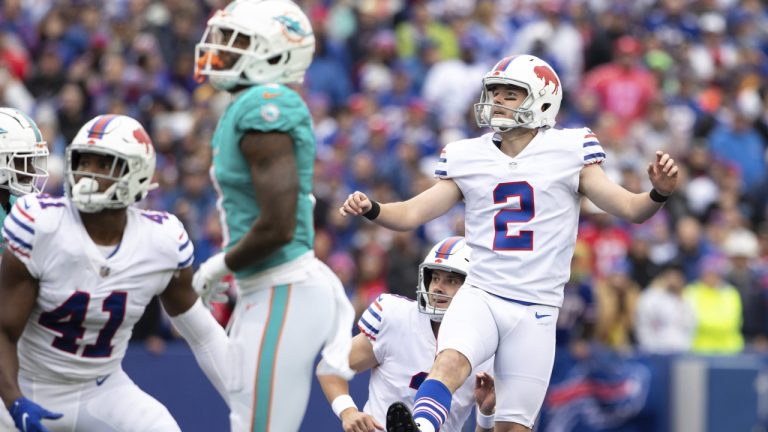 Buffalo Bills' Tyler Bass (2) watches after kicking a field goal during an NFL football game against the Miami Dolphins Oct. 31, 2021, in Orchard Park, N.Y. Since 1950, he's become the NFL's third player to score 212 or more points through 23 games. And Bass' booming and accurate leg was once again evident in a 26-11 win over Miami. (Matt Durisko/AP)