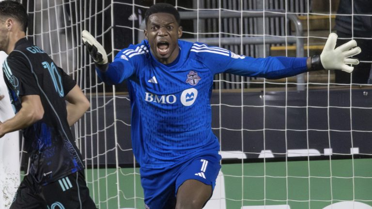 Toronto FC goalkeeper Sean Johnson (1) shouts in protest after Philadelphia Union forward Mikael Uhre scored during the first half of an MLS soccer match Saturday, April 22, 2023, in Chester, Pa. (Laurence Kesterson/AP)