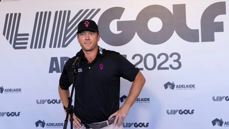 Talor Gooch speaks at a press conference after the first round of LIV Golf Adelaide at the Grange Golf Club, Friday, April 21, 2023, in Adelaide, Australia. (Chris Trotman/LIV Golf via AP)