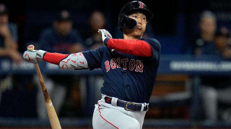 Boston Red Sox's Masataka Yoshida, of Japan, misses a pitch from Tampa Bay Rays relief pitcher Josh Fleming during the fourth inning of a baseball game Monday, April 10, 2023, in St. Petersburg, Fla. (Chris O'Meara/AP)