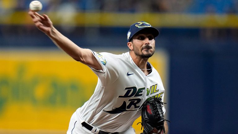 Tampa Bay Rays starting pitcher Zach Eflin delivers to the Oakland Athletics during the first inning of a baseball game Friday, April 7, 2023, in St. Petersburg, Fla. (Chris O'Meara/AP)