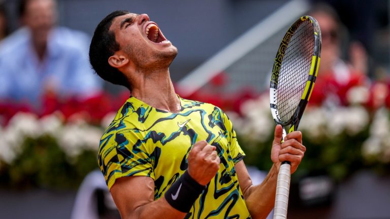 Carlos Alcaraz, of Spain, celebrates a point against Emil Ruusuvuori, of Finland, during their match at the Madrid Open tennis tournament in Madrid, Spain, Friday, April 28, 2023. (Manu Fernandez/AP)