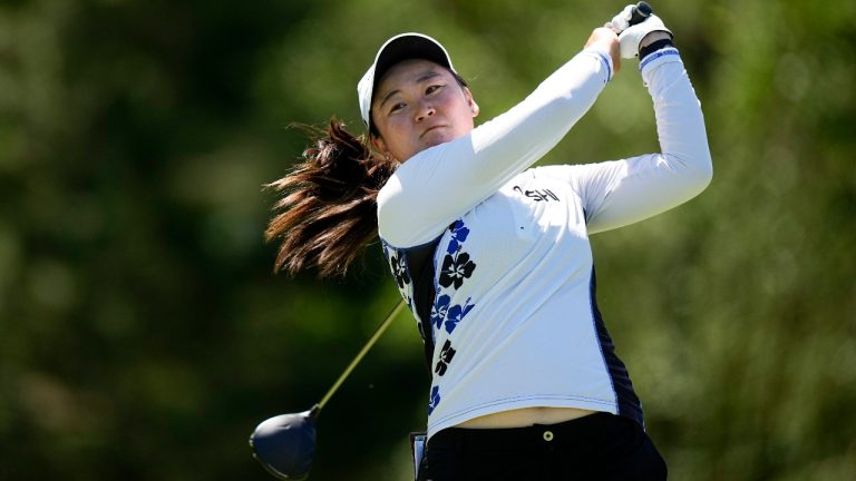 Allisen Corpuz watches her tee shot on the second hole during the third round of the Chevron Championship women's golf tournament at The Club at Carlton Woods on Saturday, April 22, 2023, in The Woodlands, Texas. (Eric Gay/AP Photo)