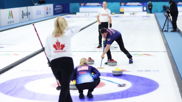 Canada's Jennifer Jones and Brent Laing play against Cory Thiesse and Korey Dropkin at the World Mixed Doubles Curling Championship in Gangneung, Korea on Friday, April 28, 2023. Canada will play for the bronze medal after falling 6-2 to the United States in the semifinal match. (Stephen Fisher/CP, Handout — World Curling Federation)