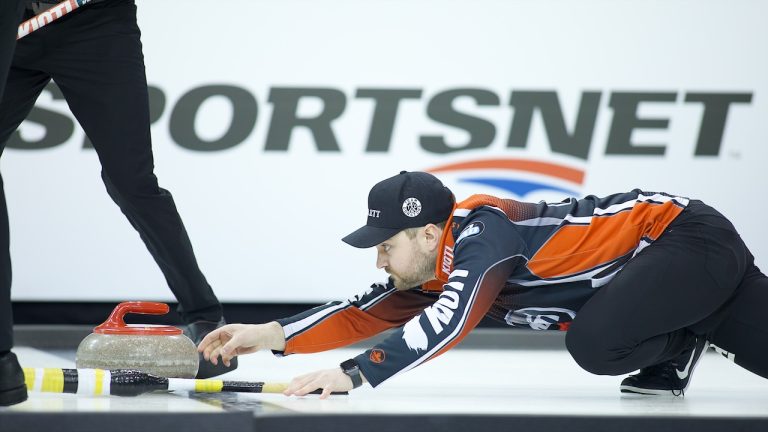 Matt Dunstone delivers a rock during the second draw of the Princess Auto Players' Championship on Tuesday, April 11, 2023, in Toronto. (Anil Mungal/GSOC)
