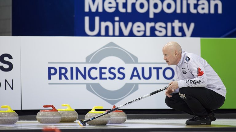 Kevin Koe in action at the Princess Auto Players' Championship on Wednesday, April 12, 2023, in Toronto. (Anil Mungal/GSOC)