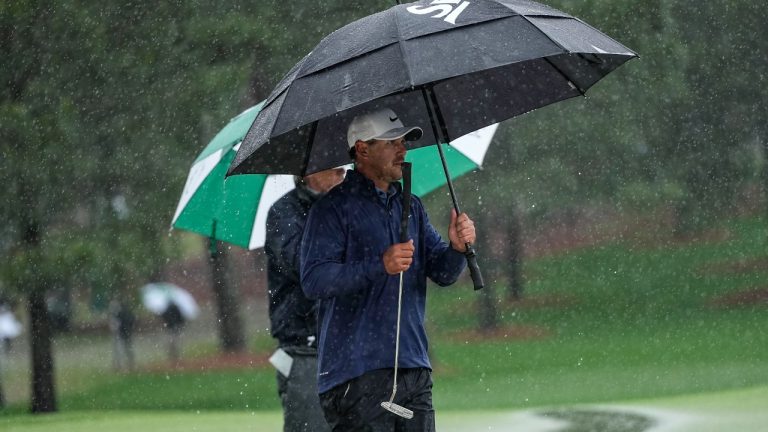 Brooks Koepka elks on the seventh green during the weather delayed third round of the Masters golf tournament at Augusta National Golf Club on Saturday, April 8, 2023, in Augusta, Ga. (David J. Phillip/AP)