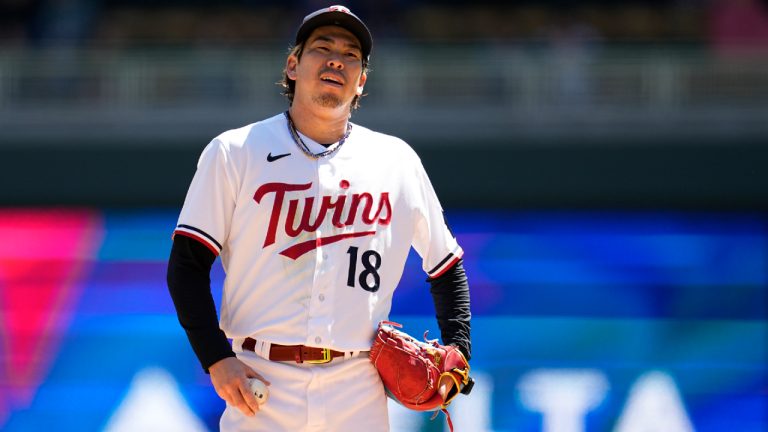 Minnesota Twins starting pitcher Kenta Maeda (18) reacts after a three-run double by New York Yankees' Aaron Judge during the second inning of a baseball game Wednesday, April 26, 2023, in Minneapolis. (Abbie Parr/AP)