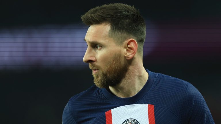 PSG's Lionel Messi reacts during the French League One soccer match between Paris Saint-Germain and Lyon at the Parc des Princes stadium in Paris, Sunday, April 2, 2023. (Aurelien Morissard/AP)