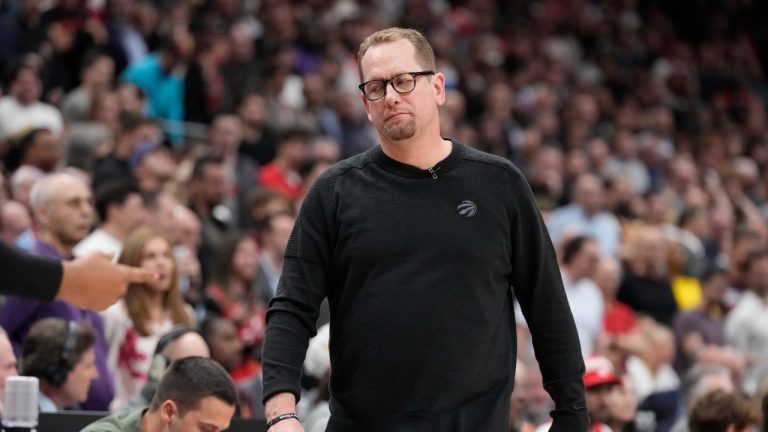 Toronto Raptors head coach Nick Nurse reacts after NBA basketball action in Toronto on Wednesday, April 12, 2023. The Toronto Raptors are out of the NBA's play-in tournament after dropping a 109-105 decision to the Chicago Bulls. (Frank Gunn/THE CANADIAN PRESS)