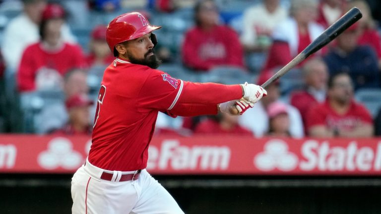 Los Angeles Angels' Anthony Rendon follows through on an RBI double during the first inning of a preseason baseball game against the Los Angeles Dodgers Tuesday, March 28, 2023, in Anaheim, Calif. (Marcio Jose Sanchez/AP)