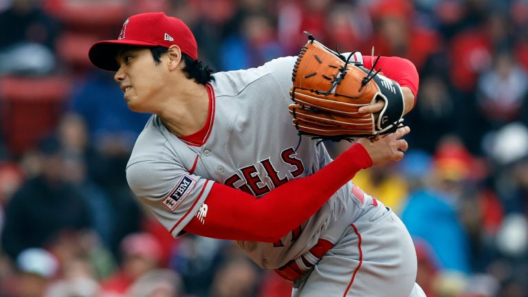 Los Angeles Angels' Shohei Ohtani pitches against the Boston Red Sox during the first inning of a baseball game, Monday, April 17, 2023, in Boston. (Michael Dwyer/AP)
