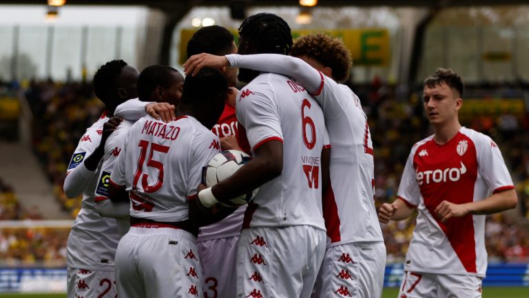 Monaco's Eliot Matazo, third left, celebrates after scoring his side's second goal during the French League One soccer match between Nantes and Monaco at the Stade de la Beaujoire stadium in Nantes, France, Sunday, April 9, 2023. (Jeremias Gonzalez/AP)