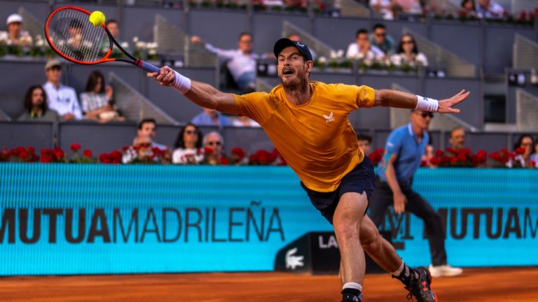 Andy Murray, of Britain, returns the ball against Andrea Vavassori of Italy during their match at the Madrid Open tennis tournament. (Manu Fernandez/AP)