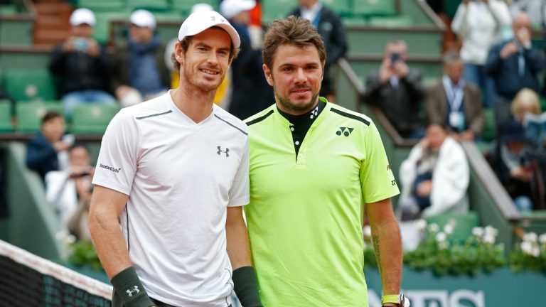 Britain's Andy Murray, left, and Switzerland's Stan Wawrinka pose for photographers prior to their semifinal match of the French Open tennis tournament at Roland Garros stadium in Paris, France, Friday, June 3, 2016. Stan Wawrinka beat Andy Murray 6-3, 6-0 in Bordeaux, France, on Wednesday, May 17, 2023, in what is believed to be the first ATP Challenger Tour matchup in more than 40 years between two past major champions. (AP Photo/Alastair Grant, File)