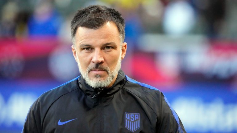 United States head coach Anthony Hudson walks on the pitch before an international friendly soccer match against Colombia, Saturday, Jan. 28, 2023, in Carson, Calif. (Marcio Jose Sanchez/AP)
