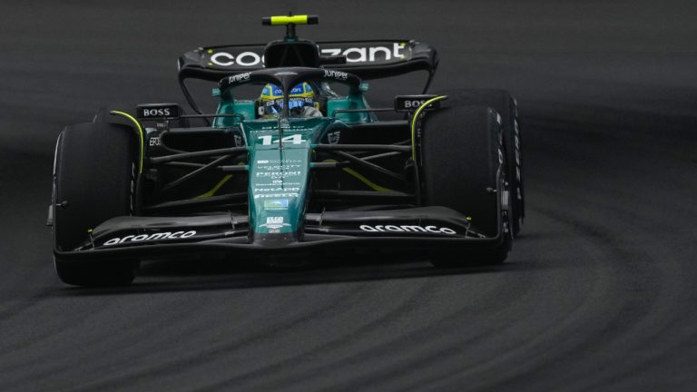 Aston Martin driver Fernando Alonso of Spain steers his car during the Formula One Miami Grand Prix auto race, at Miami International Autodrome in Miami Gardens, Fla., Sunday, May 7, 2023. (Rebecca Blackwell/AP)