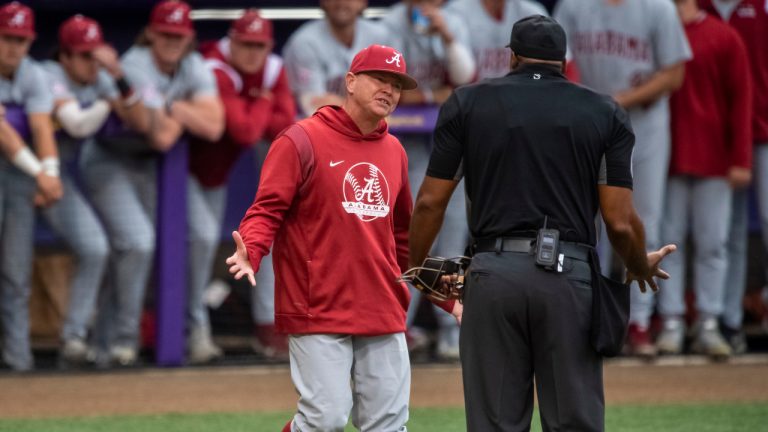 Alabama head coach Brad Bohannon, left, argues with umpire Joe Harris after being tossed from an NCAA college baseball game in the bottom of the second inning against LSU, Saturday, April 29, 2023, in Baton Rouge, Louisiana./The Advocate via AP)