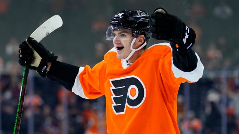 Philadelphia Flyers' Egor Zamula reacts after scoring a goal during the second period of a preseason NHL hockey game against the New York Islanders, Tuesday, Sept. 28, 2021, in Philadelphia. (Matt Slocum/AP) 
