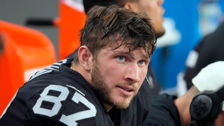 Las Vegas Raiders tight end Foster Moreau (87) watches from the sideline during the first half of an NFL football game against the Kansas City Chiefs, Saturday, Jan. 7, 2023, in Las Vegas. (Rick Scuteri/AP)