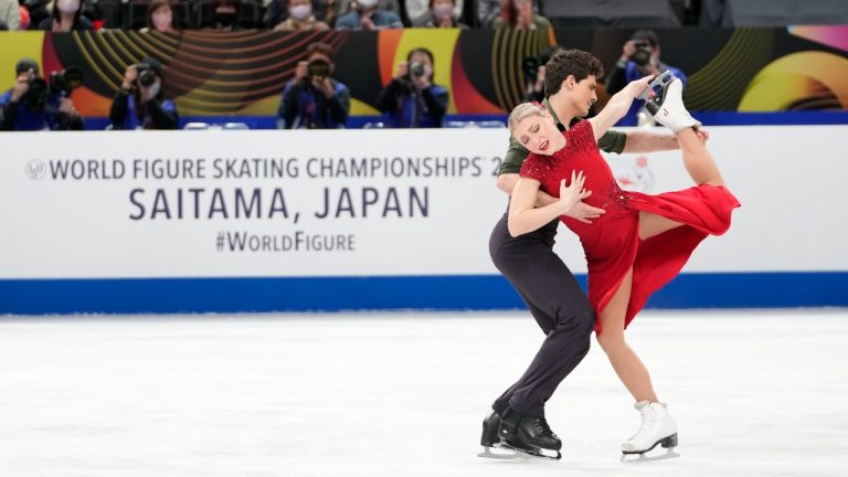 Piper Gilles and Paul Poirier of Canada perform during the ice dance free dance program in the World Figure Skating Championships in Saitama, north of Tokyo, Saturday, March 25, 2023. (Hiro Komae/AP)
