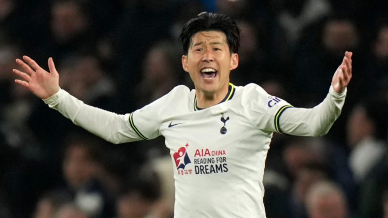 Tottenham's Son Heung-min celebrates after scoring his sides second goal during the English Premier League soccer match between Tottenham Hotspur and Manchester United at White Hart Lane, in London, England, Thursday, April 27, 2023. (Alastair Grant/AP)