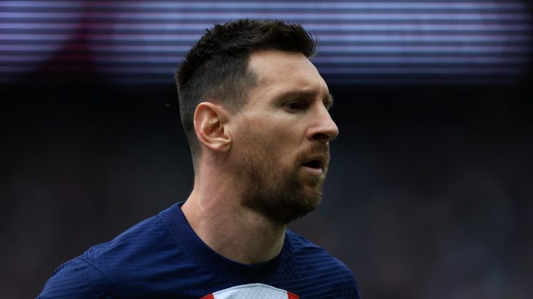 PSG's Lionel Messi reacts during the French League One soccer match between Paris Saint-Germain and Lorient, at the Parc des Princes stadium in Paris, Sunday, April 30, 2023. (Aurelien Morissard/AP)