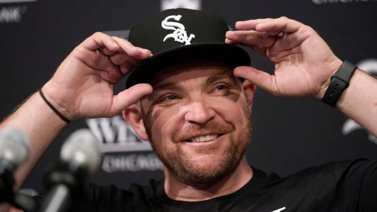 Chicago White Sox's Liam Hendricks smiles as he talks to reporters before a baseball game between the White Sox and the Minnesota Twins on Wednesday, May 3, 2023, in Chicago. (Charles Rex Arbogast/AP)