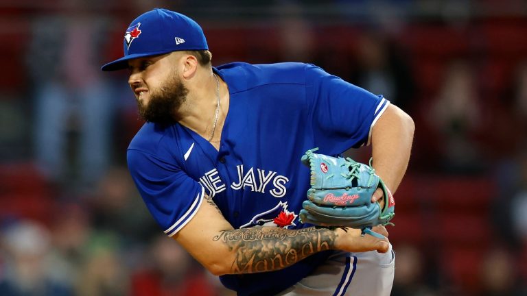 Toronto Blue Jays' Alek Manoah pitches against the Boston Red Sox during the first inning of a baseball game, Wednesday, May 3, 2023, in Boston. (Michael Dwyer/AP)