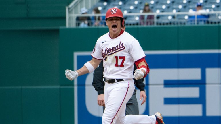 Washington Nationals' Alex Call (17) reacts as he rounds bases after hitting the game-winning walk off run in the ninth inning of a baseball game against the Chicago Cubs in Washington, Thursday, May 4, 2023. (AP)