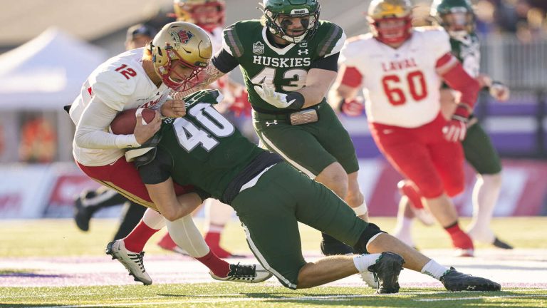 Laval Rouge et Or quarterback Arnaud Desjardins is tackled by Conner Delahey of the Saskatchewan Huskies during the first half of the Vanier Cup in London, Ont., Saturday, Nov. 26, 2022. Desjardins ended last season celebrating a Vanier Cup championship with the Laval Rouge et Or. He will start the '23 campaign at the Winnipeg Blue Bombers' training camp.THE CANADIAN PRESS/Geoff Robins